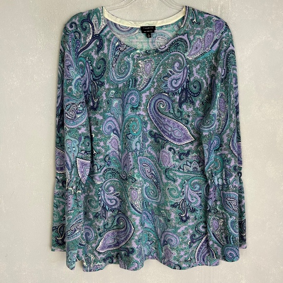 Talbots sweater size L bell sleeve 100% merino wool blue purple paisley boho - Picture 1 of 12